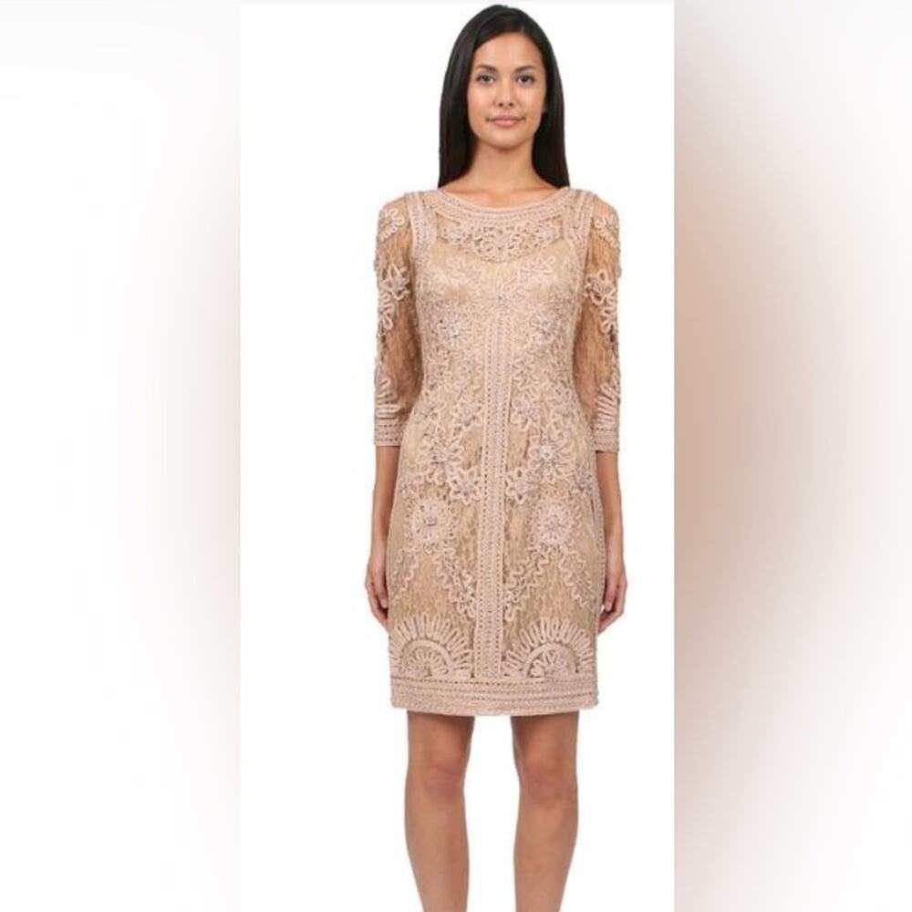 Sue Wong Nocturne Dress Women 8 Beige EUC Soutache Lace Embroidered Sheath